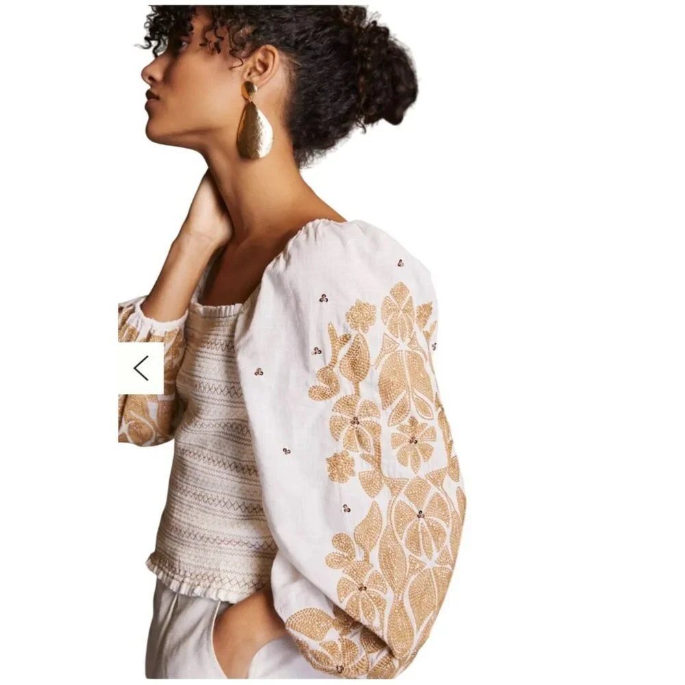 Embroidered Square-Neck White Top with Tan Floral Sleeves